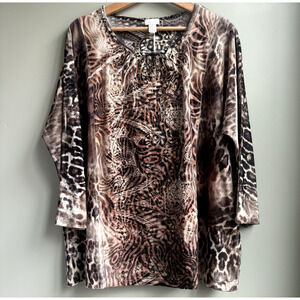 CHICOS Burnout Velvet Mixed Animal Print Embellished Lace Blouse XL (3) Brown